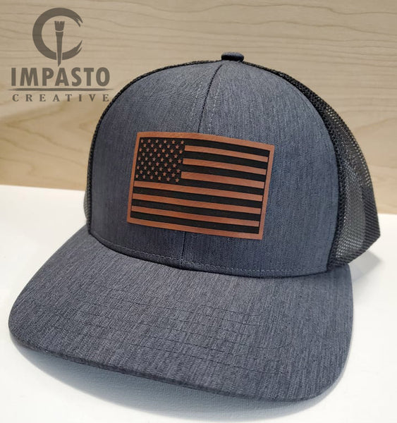 USA Flag Engraved Leather trucker hat, dark gray and black trucker hat, leather patch hat, dad hat, unisex, patriotic