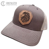 Engraved Lion Design Leather hat, leather patch hat, cool hat, brown khaki trucker hat