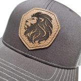 Engraved Lion Design Leather hat, leather patch hat, cool hat, brown khaki trucker hat