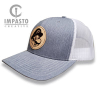 Mario Trucker Hat, leather patch hat, gray unisex trucker hat,