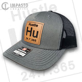 Hustle 247 365 Leather patch hat, cool hat, dark gray and black trucker hat, unisex hat