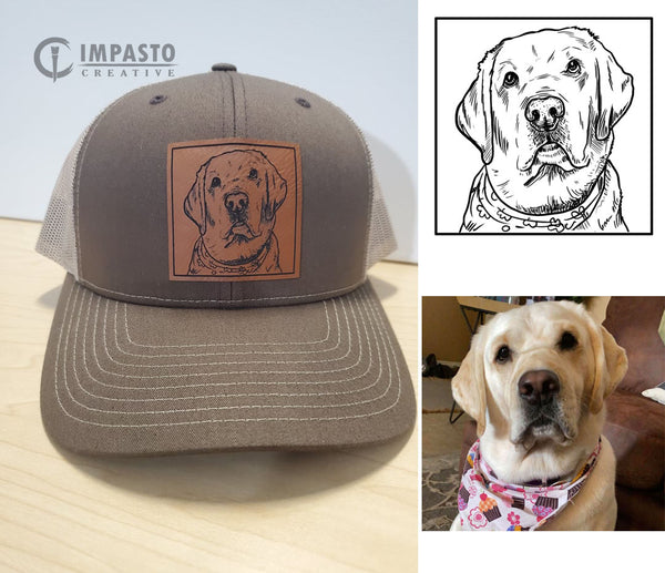 Custom Pet Leather Engraved hat, trucker hat, leather patch, your pet photo on hat