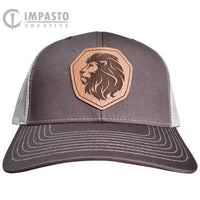 Engraved Lion Design Leather hat, leather patch hat, cool hat, brown khaki trucker hat