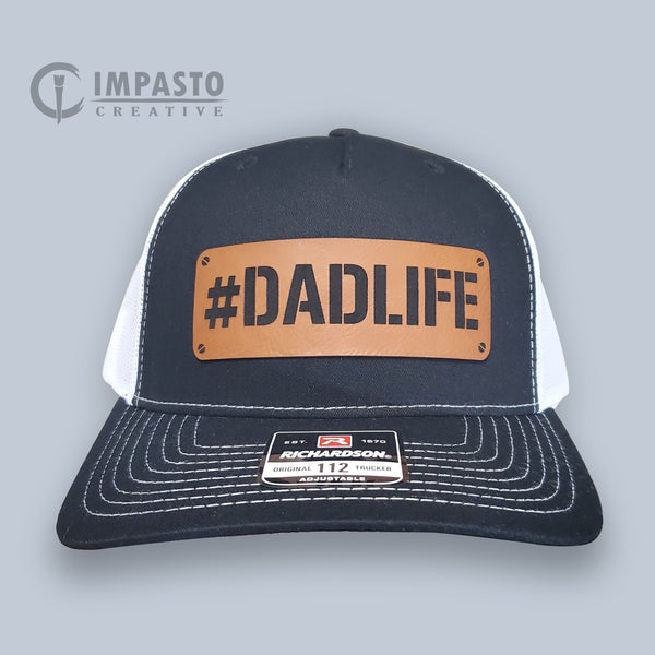 Dadlife Leather Patch Hat, black white trucker hat, leather patch hat, dad hat,