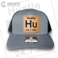 Hustle 247 365 Leather patch hat, cool hat, dark gray and black trucker hat, unisex hat