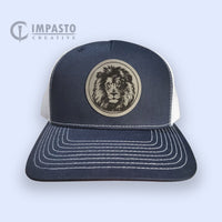 Lion Leather Patch Hat, navy white trucker hat, leather patch hat, mom dad hat, gift idea, unisex hat