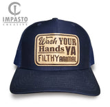 Wash your hands ya filthy animal leather patch hat, cool hat, trending, Laser engraved leather, trucker hat, funny hat