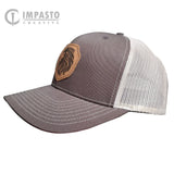 Engraved Lion Design Leather hat, leather patch hat, cool hat, brown khaki trucker hat